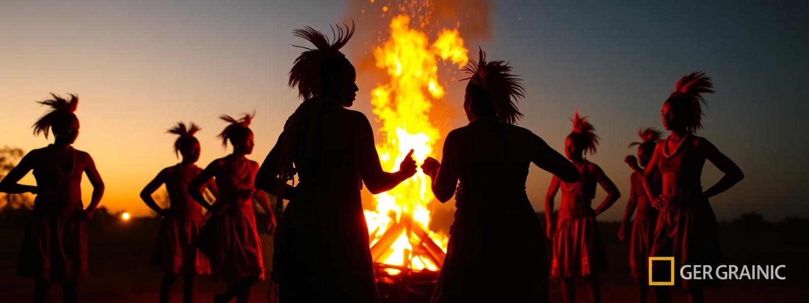 Silhouettes of a cultural ceremony at dusk